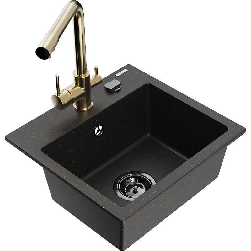 Mexen Milo Granitspüle 1-beckig mit Küchenarmatur Duero, schwarz/gold metallic - 6505-75-671600-50-B