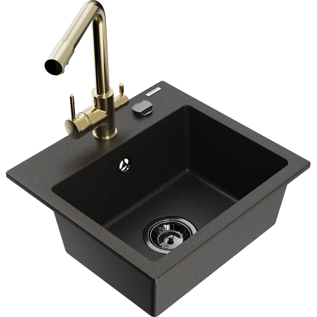 Mexen Milo Granitspüle 1-Becken mit Küchenarmatur Duero, schwarz/gold metallic - 6505-75-671600-50-B