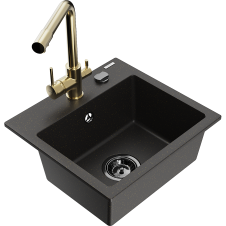 Mexen Milo Granitspüle 1-beckig mit Küchenarmatur Duero, schwarz/gold metallic - 6505-75-671600-50-B