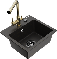 Mexen Milo Granitspüle 1-Becken mit Küchenarmatur Duero, schwarz/gold metallic - 6505-75-671600-50-B