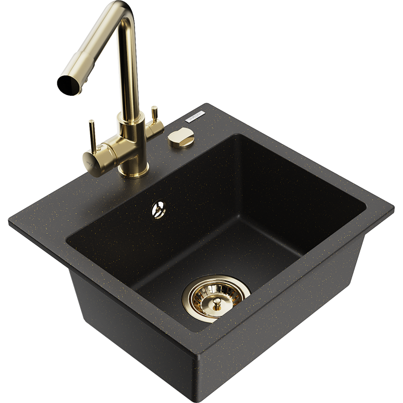 Mexen Milo Granitspüle 1-Becken mit Küchenarmatur Duero, schwarz/gold metallic - 6505-75-671600-50