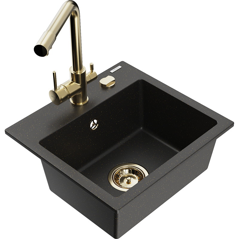 Mexen Milo granitspüle 1-beckig mit Küchenarmatur Duero, schwarz/gold metallic - 6505-75-671600-50