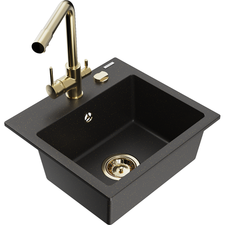 Mexen Milo Granitspüle 1-Becken mit Küchenarmatur Duero, schwarz/gold metallic - 6505-75-671600-50