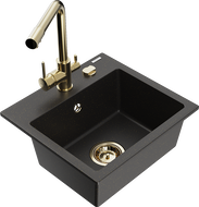 Mexen Milo Granitspüle 1-Becken mit Küchenarmatur Duero, schwarz/gold metallic - 6505-75-671600-50