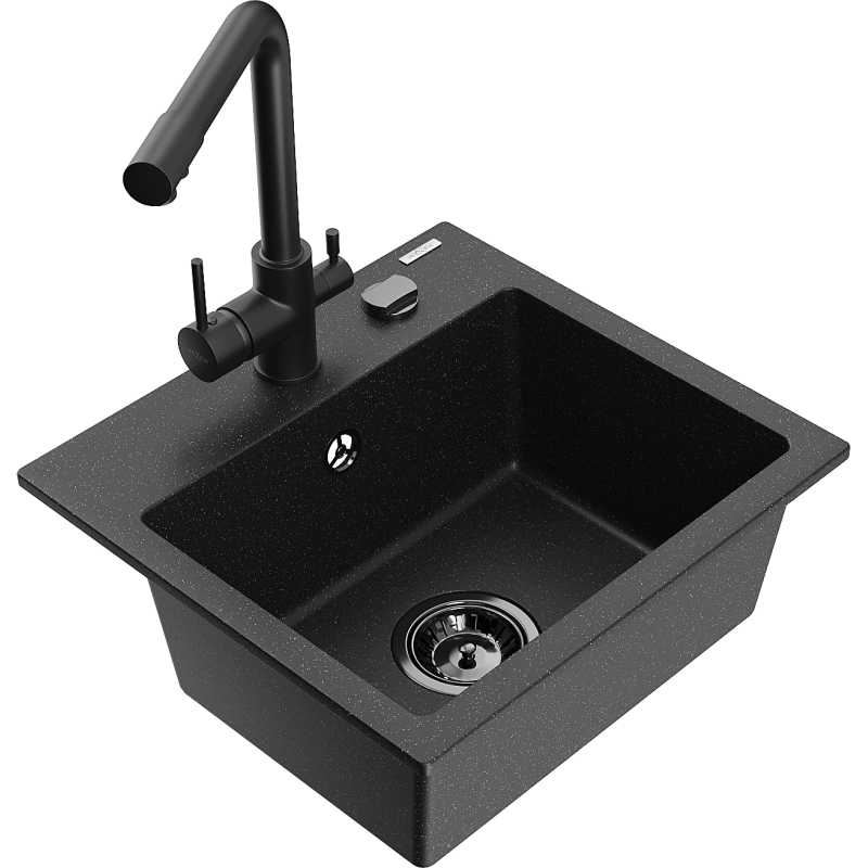 Mexen Milo Granitspüle 1-Becken mit Küchenarmatur Duero, schwarz/gold metallic - 6505-75-671600-70-B