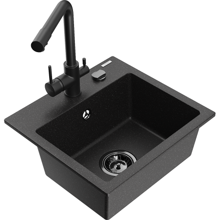 Mexen Milo Granitspüle 1-Becken mit Küchenarmatur Duero, schwarz/gold metallic - 6505-75-671600-70-B