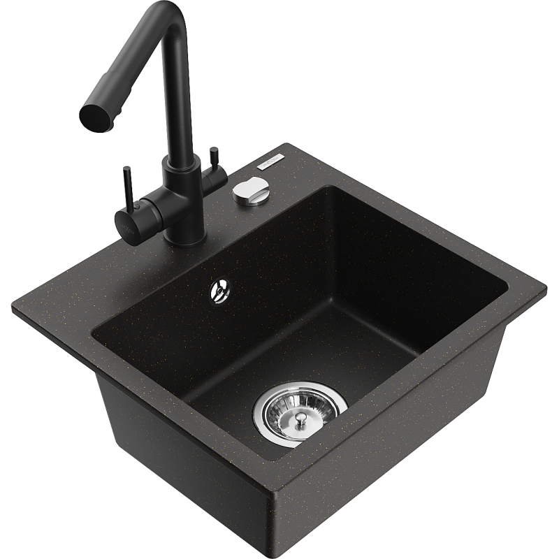 Mexen Milo Granitspüle 1-Becken mit Küchenarmatur Duero, schwarz/goldener Metallic - 6505-75-671600-70