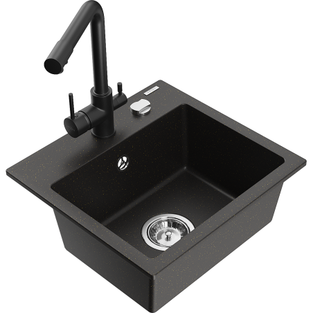 Mexen Milo Granitspüle 1-Becken mit Küchenarmatur Duero, schwarz/goldener Metallic - 6505-75-671600-70