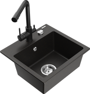 Mexen Milo Granitspüle 1-Becken mit Küchenarmatur Duero, schwarz/goldener Metallic - 6505-75-671600-70