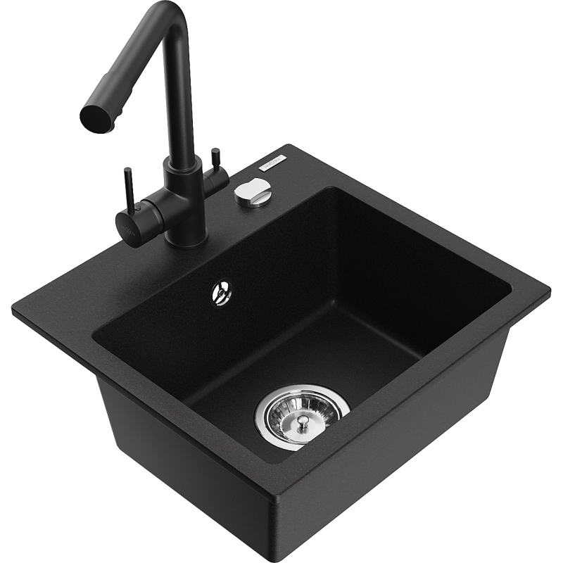 Mexen Milo Granit-Spüle 1-becken mit Küchenarmatur Duero, schwarz - 6505-77-671600-70
