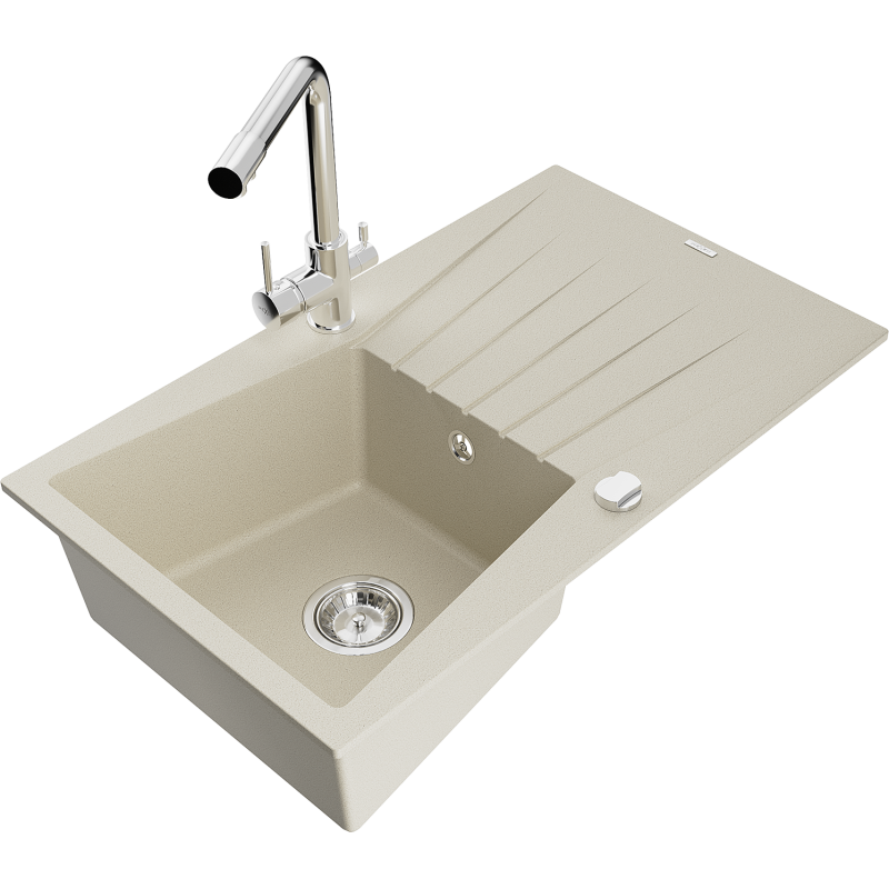 Mexen Cesar Granitspüle 1-Becken mit Abtropffläche und Küchenarmatur Duero, beige - 6514-69-671600-00