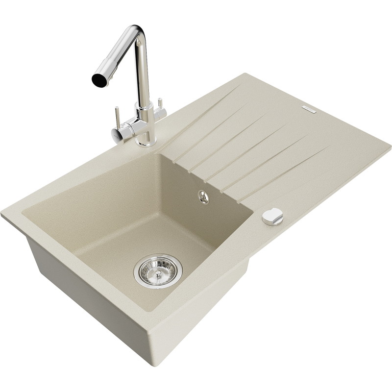 Mexen Cesar Granitspüle 1-beckig mit Abtropffläche und Küchenarmatur Duero, beige - 6514-69-671600-00