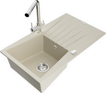 Mexen Cesar Granitspüle 1-Becken mit Abtropffläche und Küchenarmatur Duero, beige - 6514-69-671600-00