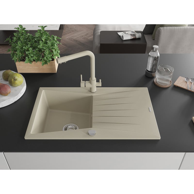 Mexen Cesar Granitspüle 1-beckig mit Abtropffläche und Küchenarmatur Duero, beige - 6514-69-671600-69