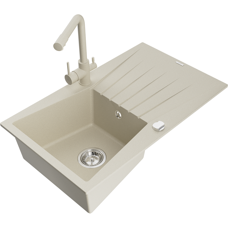 Mexen Cesar Granitspüle 1-beckig mit Abtropffläche und Küchenarmatur Duero, beige - 6514-69-671600-69