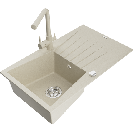 Mexen Cesar Granitspüle 1-beckig mit Abtropffläche und Küchenarmatur Duero, beige - 6514-69-671600-69