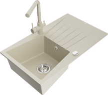 Mexen Cesar Granitspüle 1-beckig mit Abtropffläche und Küchenarmatur Duero, beige - 6514-69-671600-69