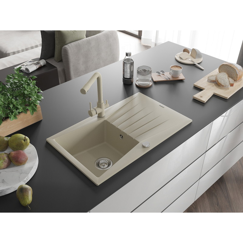 Mexen Cesar Granitspüle 1-Becken mit Abtropffläche und Küchenarmatur Duero, beige - 6514-69-671600-69