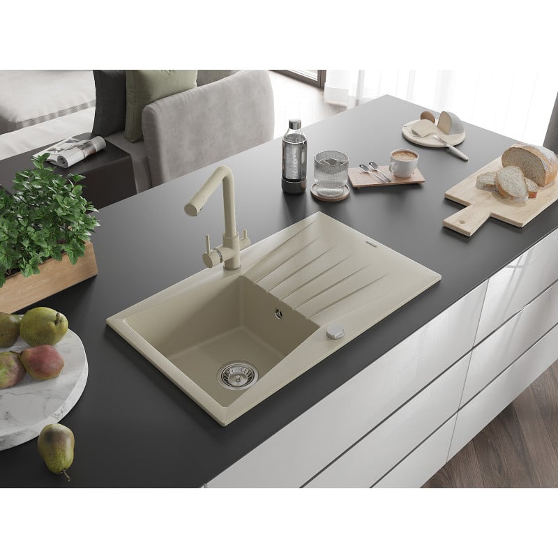 Mexen Cesar Granitspüle 1-beckig mit Abtropffläche und Küchenarmatur Duero, beige - 6514-69-671600-69