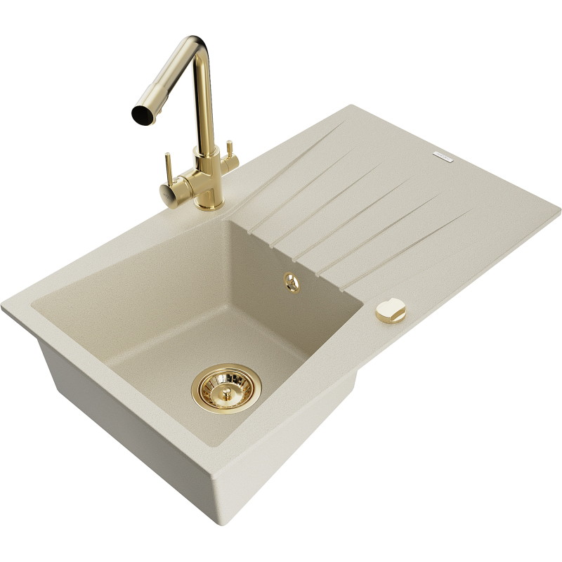 Mexen Cesar granitspüle 1-becken mit abtropfbrett und küchenarmatur Duero, beige - 6514-69-671600-50