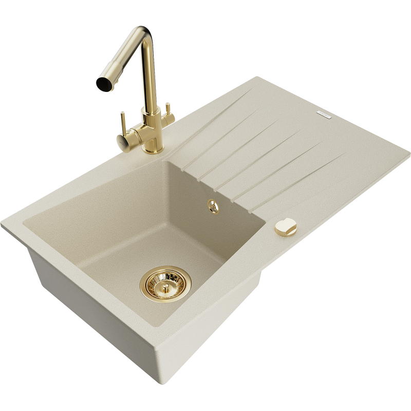 Mexen Cesar Granitspüle 1-fach mit Abtropffläche und Küchenarmatur Duero, beige - 6514-69-671600-50