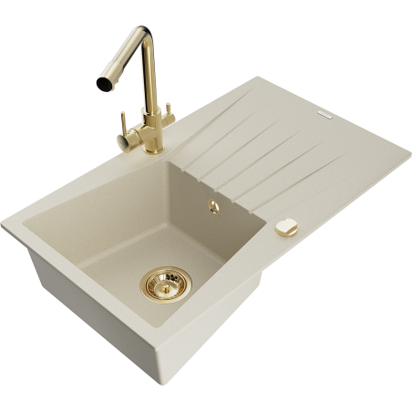 Mexen Cesar granitspüle 1-becken mit abtropfbrett und küchenarmatur Duero, beige - 6514-69-671600-50