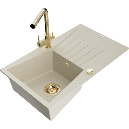 Mexen Cesar Granitspüle 1-fach mit Abtropffläche und Küchenarmatur Duero, beige - 6514-69-671600-50