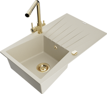 Mexen Cesar Granitspüle 1-fach mit Abtropffläche und Küchenarmatur Duero, beige - 6514-69-671600-50
