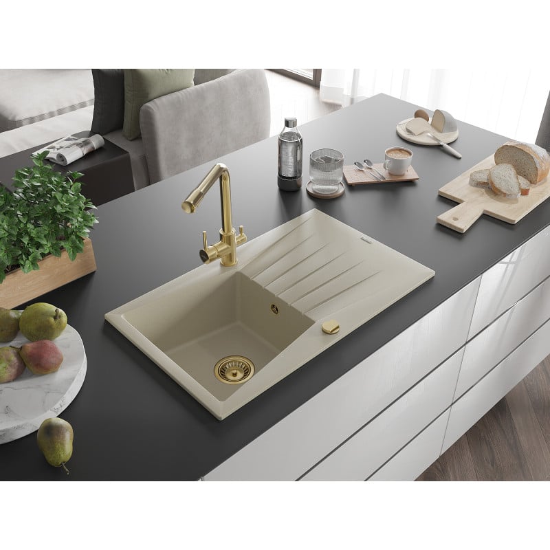 Mexen Cesar Granitspüle 1-fach mit Abtropffläche und Küchenarmatur Duero, beige - 6514-69-671600-50