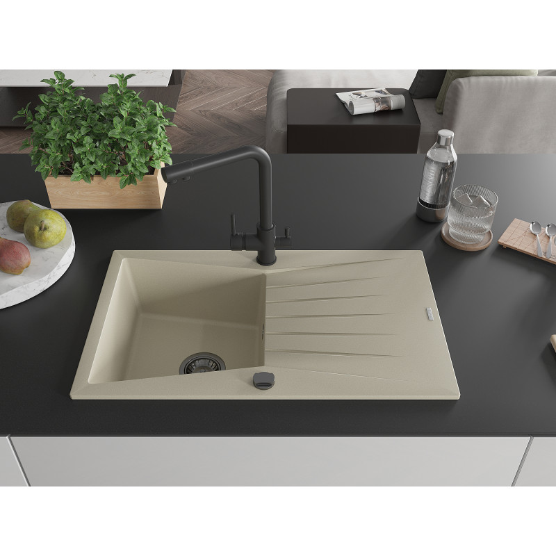 Mexen Cesar Granitspüle 1 Becken mit Abtropffläche und Küchenarmatur Duero, Beige - 6514-69-671600-70