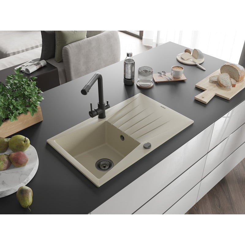 Mexen Cesar Granitspüle 1 Becken mit Abtropffläche und Küchenarmatur Duero, Beige - 6514-69-671600-70