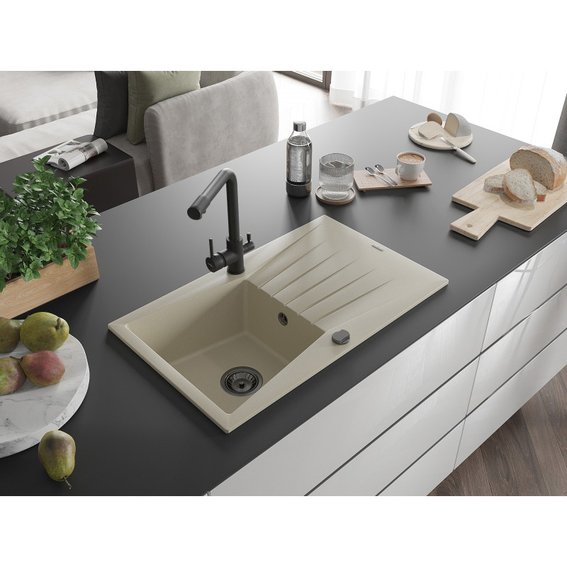 Mexen Cesar Granitspüle 1-Schüssel mit Abtropffläche und Küchenarmatur Duero, beige - 6514-69-671600-70