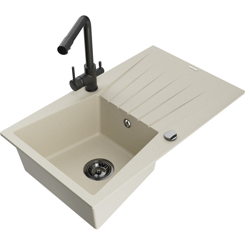 Mexen Cesar Granitspüle 1-Becken mit Abtropffläche und Kücharmatur Duero, beige - 6514-69-671600-70