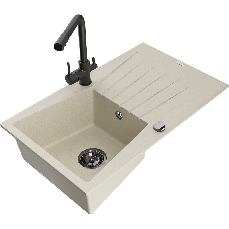 Mexen Cesar Granitspüle 1 Becken mit Abtropffläche und Küchenarmatur Duero, Beige - 6514-69-671600-70