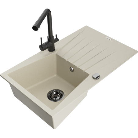 Mexen Cesar Granitspüle 1 Becken mit Abtropffläche und Küchenarmatur Duero, Beige - 6514-69-671600-70