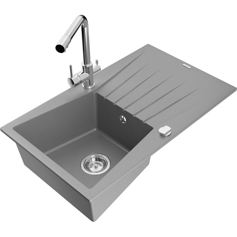 Mexen Cesar Granitspüle 1-Becken mit Abtropffläche und Küchenarmatur Duero, grau - 6514-71-671600-00