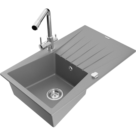 Mexen Cesar Granitspüle 1-Becken mit Abtropffläche und Küchenarmatur Duero, grau - 6514-71-671600-00