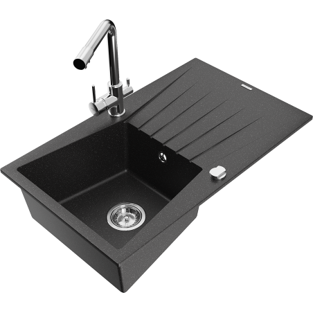 Mexen Cesar Granitspüle 1-Becken mit Abtropffläche und Küchenarmatur Duero, schwarz/silber metallisch - 6514-73-671600-00