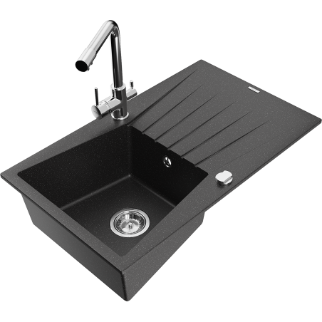 Mexen Cesar Granitspüle 1-beckig mit Abtropffläche und Küchenarmatur Duero, schwarz/silber metallic - 6514-73-671600-00