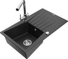 Mexen Cesar Granitspüle 1-Becken mit Abtropffläche und Küchenarmatur Duero, schwarz/silber metallisch - 6514-73-671600-00