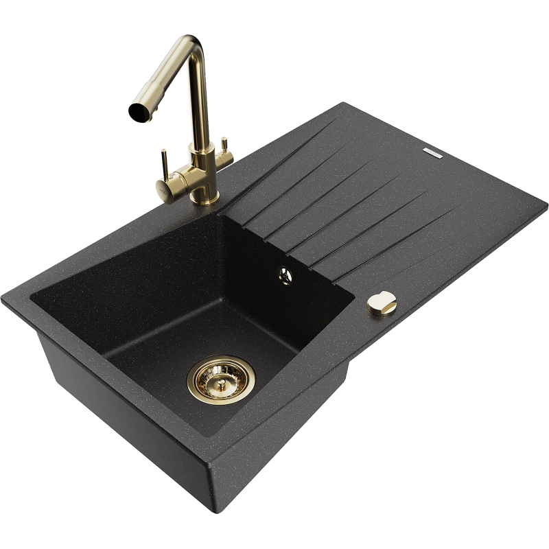 Mexen Cesar Granitspüle 1-Becken mit Abtropffläche und Küchenarmatur Duero, schwarz/silberner Metallik - 6514-73-671600-50