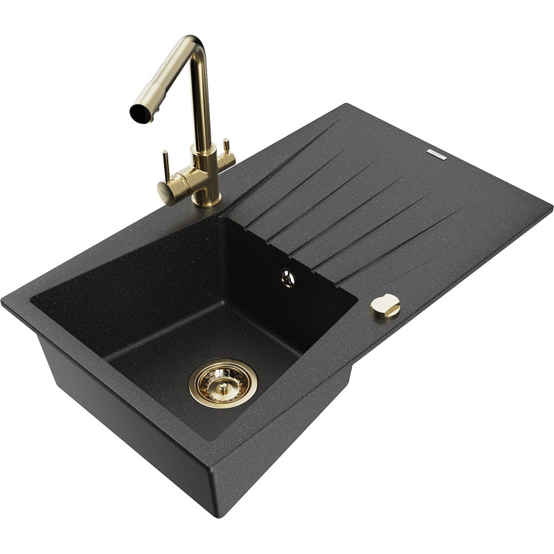 Mexen Cesar Granitspüle mit 1 Becken, Abtropffläche und Küchenarmatur Duero, schwarz/silber metallic - 6514-73-671600-50