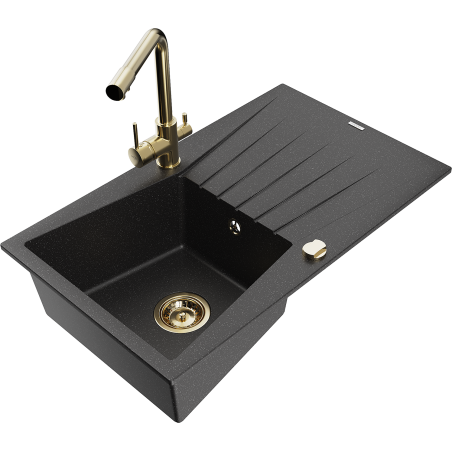 Mexen Cesar Granitspüle 1-Becken mit Abtropffläche und Küchenarmatur Duero, schwarz/silberner Metallik - 6514-73-671600-50