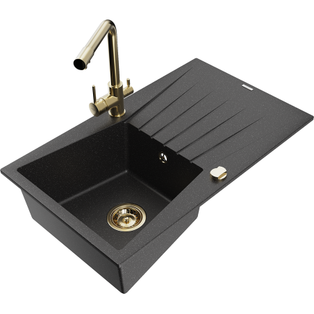 Mexen Cesar Granitspüle mit 1 Becken, Abtropffläche und Küchenarmatur Duero, schwarz/silber metallic - 6514-73-671600-50