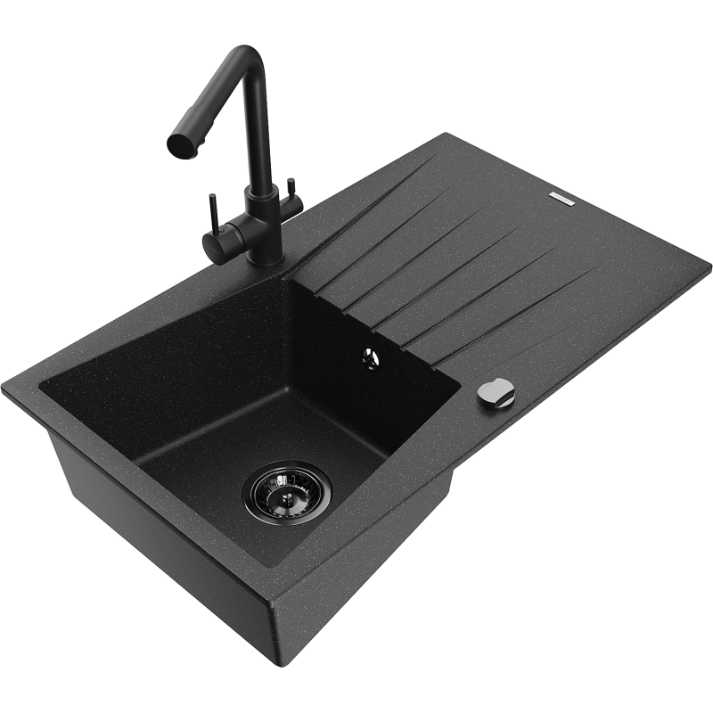 Mexen Cesar Granitspüle 1-Becken mit Abtropffläche und Küchenarmatur Duero, schwarz/silber metallic - 6514-73-671600-70-B