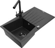 Mexen Cesar Granitspüle 1-Becken mit Abtropffläche und Küchenarmatur Duero, schwarz/silber metallic - 6514-73-671600-70-B