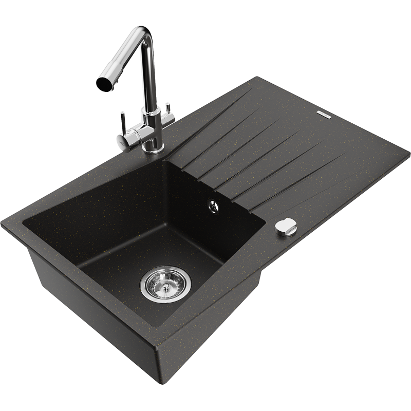 Mexen Cesar Granitspüle 1-Becken mit Abtropffläche und Küchenarmatur Duero, schwarz/gold Metallic - 6514-75-671600-00