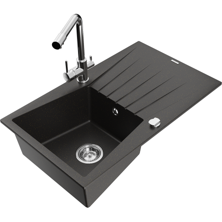 Mexen Cesar Granitspüle 1-Becken mit Abtropffläche und Küchenarmatur Duero, schwarz/gold Metallic - 6514-75-671600-00