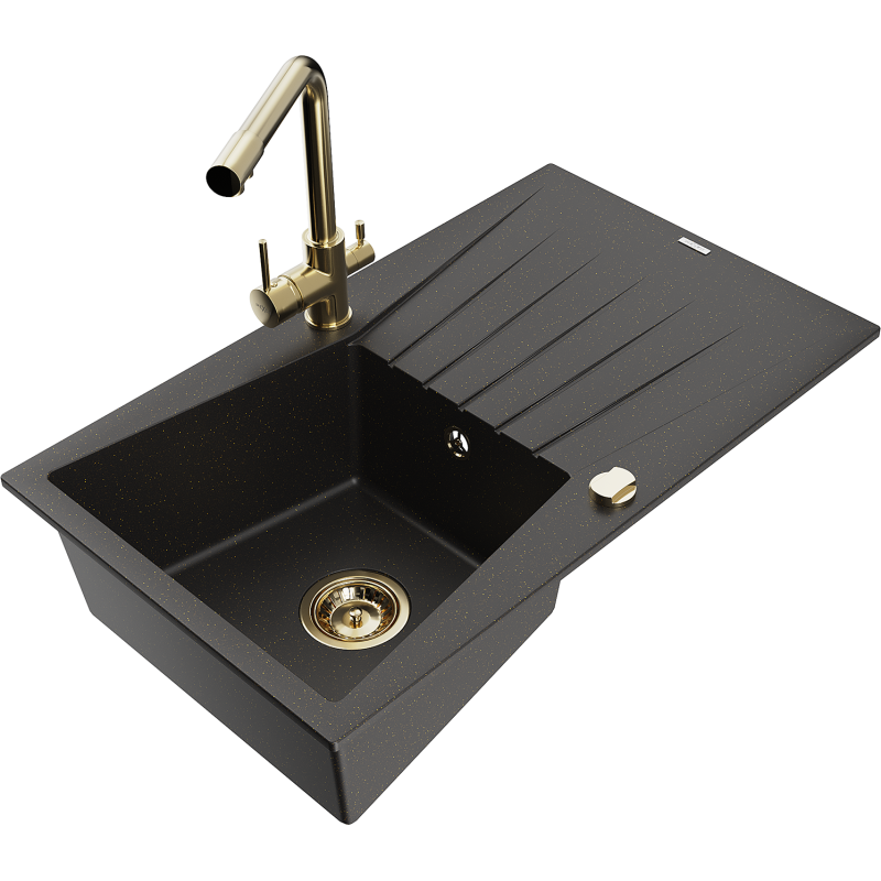 Mexen Cesar Granitspüle 1-Becken mit Abtropffläche und Küchenarmatur Duero, schwarz/gold metallic - 6514-75-671600-50