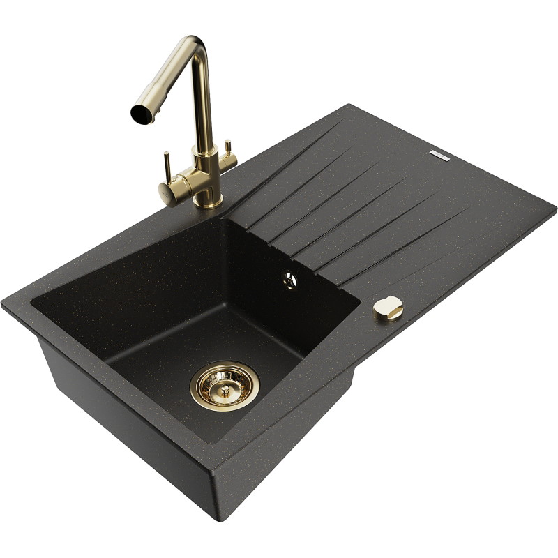 Mexen Cesar Granitspüle 1-beckig mit Abtropffläche und Küchenarmatur Duero, schwarz/gold metallic - 6514-75-671600-50